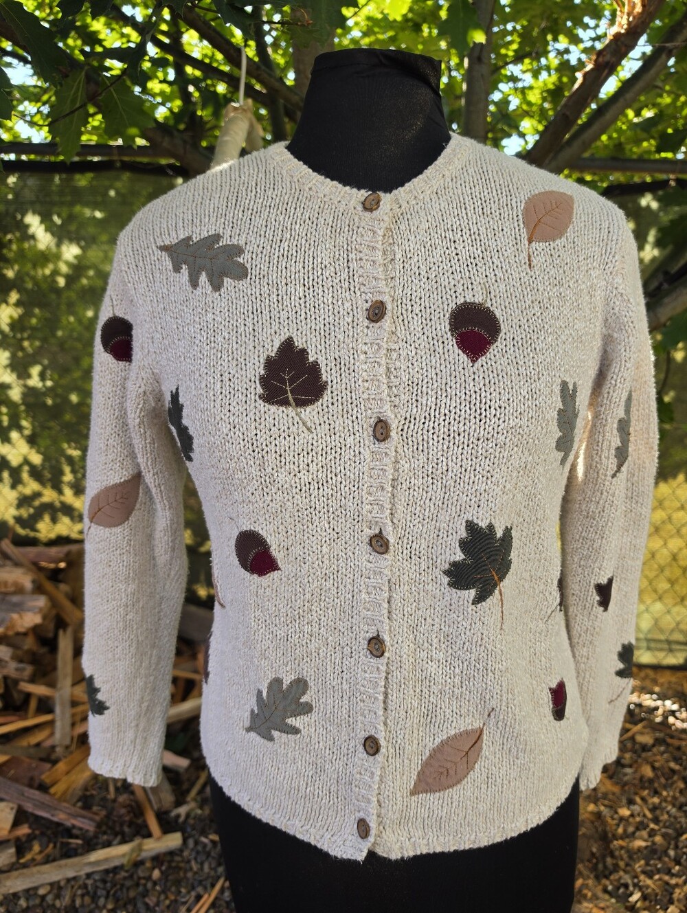 Vtg 90's Fall Leaves Cardigan Sweater Grandmacore Autumnal Novelty Fall Folksy